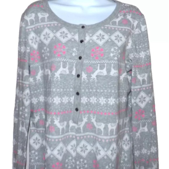 Xhilaration cotton gray pink  Onesie snowflake reindeer holiday Christmas Pjs - Picture 2 of 6